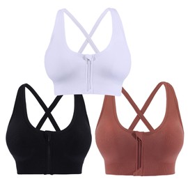 AKAMC Women's Zip Front Sports Bra Wireless Post-Surgery Bra Active Yoga Sports Bras (Large, AK-Style-C2202)