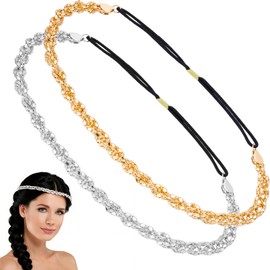 Winsyison 2pcs Rhinestone Chain Headpiece for Women, Sparkly Elastic Twisted Crystal Headbands, Vintage 70s Diamond Headpiece Head Jewelry Hair Accessories for Wedding Prom- Gold & Silver