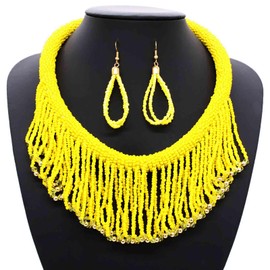 Barode Beaded Choker Colorful Necklace Earrings Set Fringe Chunky Tassel Collar for Women (yellow)
