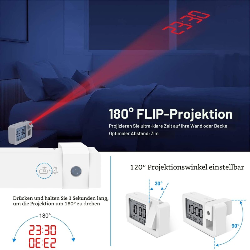 CHEREEKI Projection Alarm Clock, Alarm Clock with Indoor Temperature, 4
