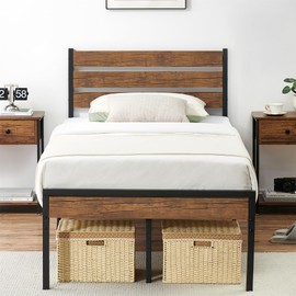 IDEALHOUSE Twin Size Wood Platform Bed Frame with Rustic Vintage Headboard, Metal Platform Mattress Foundation with Steel Slats Support, No Box Spring Needed, Noise Free