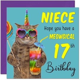 17th Niece Birthday Card - Meowgical Cat Funny Niece's Birthday Card for 17 Year old teenage Kids seventeen, seventeenth