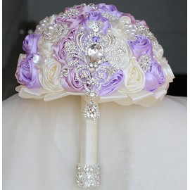 Mhojpik Bridal Wedding Bouquet Round Bling Brooch Bouquet Artificial Rose Flower Bunch for Bride Bridesmaid Wedding Quinceanera(Light Purple, Light Taro & Ivory, 8.7")