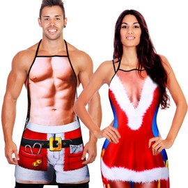 2 Piece Funny Gift Set for Men Women Novelty BBQ Apron Muscle Cooking Aprons Adjustable Waterproof Kitchen Apron for Christmas BBQ Party Adults Couples, Santa Claus