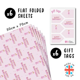 1st Birthday Wrapping Paper - 6 Sheets Pink Wrapping Paper - 8 Year Old - Happy Birthday Gift Wrap for Baby Girl - Comes With Stickers - Recyclable - By Central 23