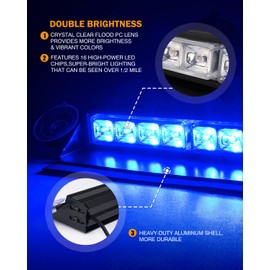 Xprite 2×16 inch Blue Emergency Strobe Dash Lights, Interior Windshield Flashing Police Light w/Suction Cups for Police Law Enforcement POV Vehicles Trucks (Aluminum Housing)