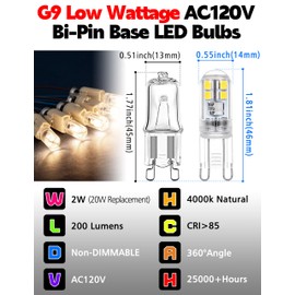 Xyanmc G9 T4 LED Bulbs 20W Replacement, Natural White 4000K, G9 Bi-Pin Base LED Night Light Bulbs 2W 200LM, Non-Dimmable Low Wattage Bulb for Chandelier Pendant Under Cabinet Lights, 10 Pack