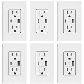 ELEGRP USB Outlets, 15 Amp Wall Outlet with USB Ports, 21W USB Outlets Receptacles with Type A & Type C Ports, Tamper Resistant Receptacle, Wall Plate Included, Ul Listed (6 Pack, Matte White)
