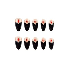 SINHOT Medium Press on Nails Almond Black Heart Fake Nails Glossy Glue on Nails Red Rhinestones Stiletto Acrylic Nails French Tip Artificial Nail Stick on False Nails with Design 24 pcs