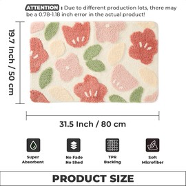 Loismood Floral Bathroom Mat Cute Absorbent and Non Slip Bath Rug Machine Washable Bath Rug for Dining Room, Kitchen and Living Room (31"x20", Flowers and Leaves)