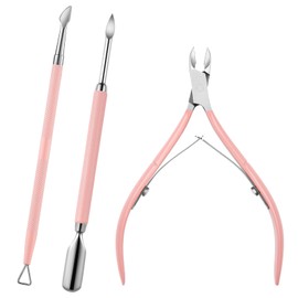 Cuticle Trimmer with Cuticle Pusher and Cutter - 3 PCS Pink Professional Pedicure Manicure Tools with Stainless Steel Dual End Pusher, Nail Scraper for Fingernails Toenails