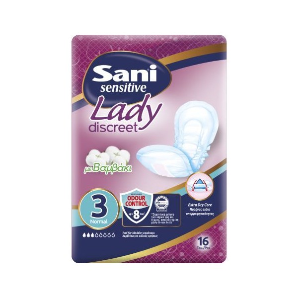 Sani Sensitive Lady Discreet Normal No3 Pads with Cotton, 16pcs