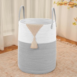 JMvicyroam Large Woven Laundry Basket Hamper,60L Cotton Rope Storage Bin for Blankets,Toys and Clothes,Decorative Tall Nursery Hamper for Living Room,Baby Nursery,Bathroom and Bedroom,Light Grey