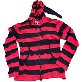 SHOPOHOLIC FASHION Women Outstitched Stripy Rib Pixie Hoodie, (Red Black/L)