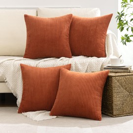 MIULEE Pack of 4 Rust Corduroy Decorative Throw Pillow Covers 18x18 Inch Soft Boho Striped Fall Pillow Covers Modern Farmhouse Home Decor for Sofa Living Room Couch Bed