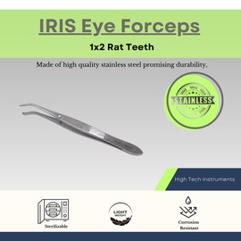 Micro Lab Forceps IRIS Eye Tweezers 1x2 Rat Teeth Tips 4" Tongs For High Precision Handling Made of Stainless Steel (Half Curved Tips)