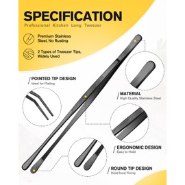 Kitchen Fine Tweezer Tongs, 12'' and 10'' Stainless Steel Food Tweezers Set, Professional Kitchen Long Tweezer for Cooking, Repairing, Sea Food and BBQ