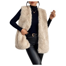 Verdusa Women's Fuzzy Faux Fur Sleeveless Vest Teddy Coats Open Front Plush Waistcoat Outerwear Apricot Small