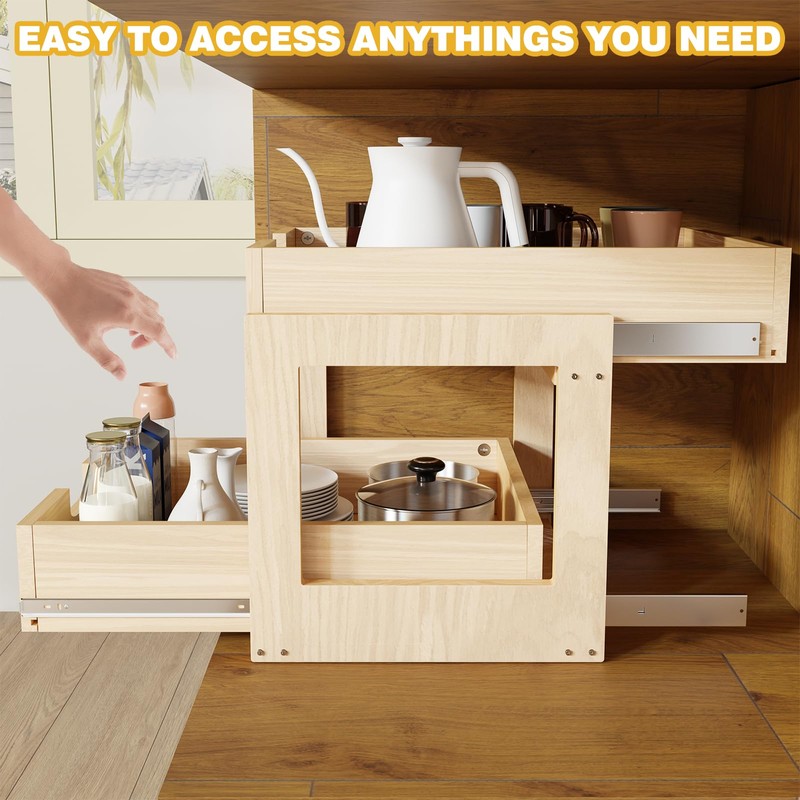 Pull Out Cabinet Organizer, 20''W×21''D×16''H Soft Close Slide Out Wooden