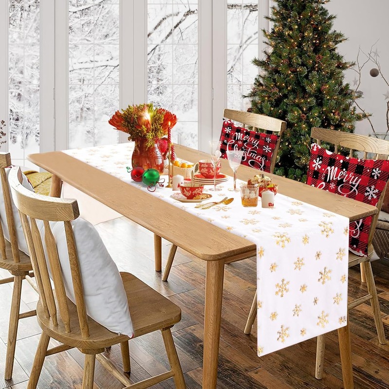 BrillShine Christmas Table Runner, White Gold Snowflake Table Runner, Faux