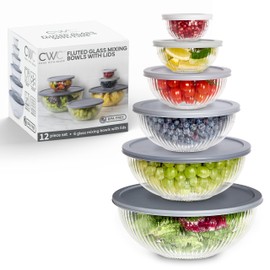 COOK WITH COLOR 12 Pc Glass Mixing Bowl Set with Lids – Borosilicate Glass Nesting Bowls for Cooking, Baking and Meal Prep, Fluted Grey