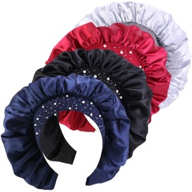 4 Pieces Women's Satin Rhinestone Sleeping Hat Night Sleep Cap Hair Care Salon Makeup Muslim Hijab Head Cover Bonnet Hat
