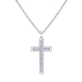 Dixbix Girls Baptism Cross Necklace for Women,First Communion Gold Cross Necklaces Jewelry Gifts for Women (Birthstone 06-June-Alexandrite Light Purple)