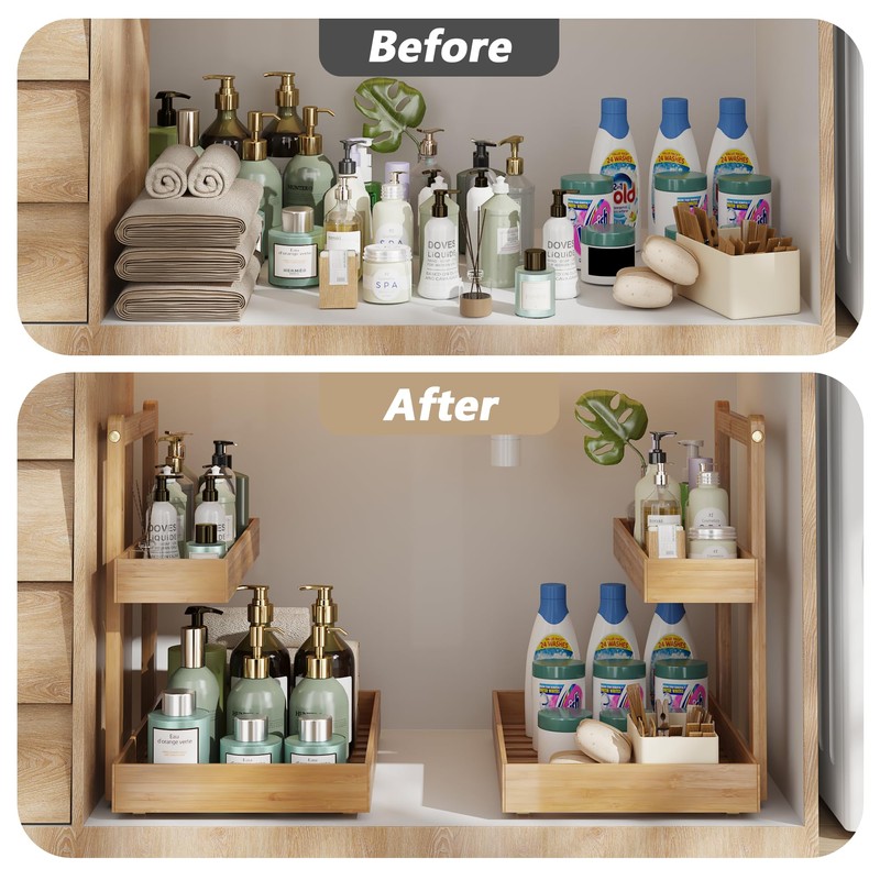 Wisuce Essentials Bamboo Under Sink Organizer and Storage, 2 Tier