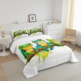 Erosebridal Cartoon Frog Comforter Set Twin Size, Green Tie Dye Down Comforter, Tree Branch Quilted Duvet,Animal Soft Duvet Insert for Kid Adult, White Room Decor Reversible All Season