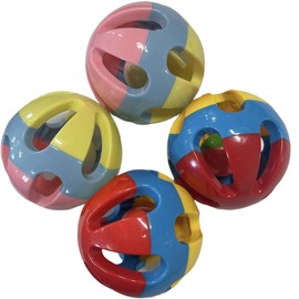 Pet Rattle Balls 4 Pack for Dogs, Pigs, Rabbits, or Other Small Pets - Interactive Chew Toy for Fetch or Treat Dispensing (Red Blue Yellow & Pink Blue Yellow)