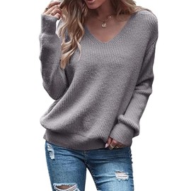 Imily Bela Women's V-Neck Pullover Long Sleeve Tops Oversized Chunky Knitted Loose Pullover Oversize Sweater Tops, gray, M