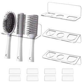AHANDMAKER Set of 4 Hair Tool Organiser Wall Mounted Hair Brush Holder with 3 Holes Waterproof Acrylic Comb Holder No Drilling for Bathroom Living Room Bedroom Transparent