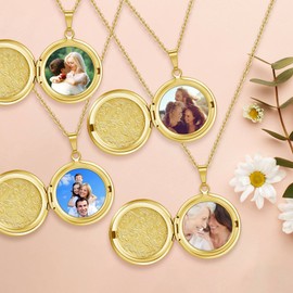 Zysta Vintage Charms Locket Chain for Photo Pictures, Silver Round / Heart Pendant for Opening with Flower Pattern Heart Pendant Amulet for Women Girls, Stainless Steel