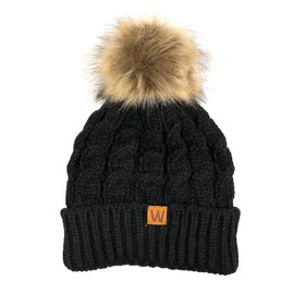 allydrew Winter Warm Soft Knit Beanie with Faux Fur Pom Pom, Black