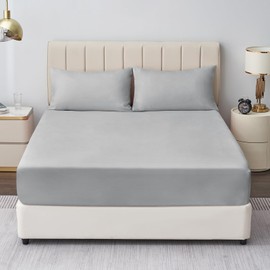 Aisbo Super King Fitted Sheet Grey - Extra Deep Pocket Bed Sheet 16 inch 40 cm - Microfiber Bottom Sheet, 183x200cm