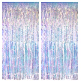 SHUOHONG Pack of 2 Tinsel Curtain, Glitter Curtain Birthday, Party Curtain Photo Background, Streamers Birthday Decoration, Rainbow Carnival Foils Fringe Curtains (Iridescent)