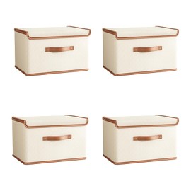 Tuza 4 Pack Storage Bins with Lids, Collapsible Closet Organizer Container, Fabric Organizer Box with Handles, Decorative Storage Boxes with Lids for Organizing Clothes, Books, File, White, Medium