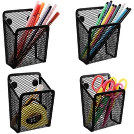 Jucoan 4 Pack Magnetic Pen Pencil Holder, Black Mesh Metal Organizer, Generous Compartment Storage Basket for Whiteboard, Fridge, Cubicle Desks, Locker Accessories
