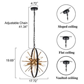 TACDANDM 17.72'' Black Gold 8-Light Globe Sputnik Chandelier Modern Industrial Adjustable Hanging Ceiling Firework Pendant Light Fixture for Entryway Stairway Kitchen Dining Living Room Hallway