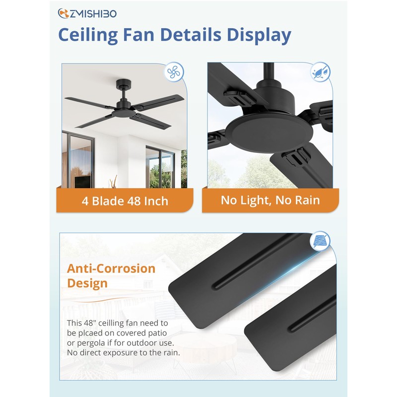 ZMISHIBO 48 Inch Ceiling Fan with Remote No Light, for