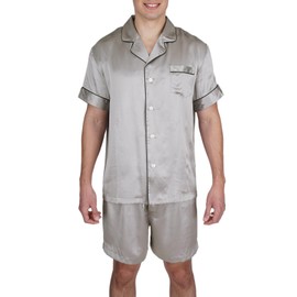 OSCAR ROSSA Men's Luxury Silk Sleepwear 100% Mulberry Silk Short Sleeve Top Boxer Short Pajamas Set, Silver Grey, M
