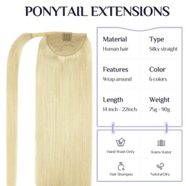 DOORES Human Hair Extensions Clip in Ponytail Extension Bleach Blonde 20 Inch 90g Ponytail Extension Real Human Hair Long Straight Wrap Around Ponytail Extension for Women Pony Hair
