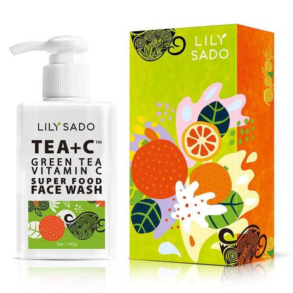 LILY SADO Tea+C Green Tea & Vitamin C Face Cleanser – Natural Vegan Antioxidant Face Wash with Aloe, Rosehip, Meadowfoam - Gentle Deep Cleansing for Acne, Blackheads, Blemishes - All Skin Types 5 oz