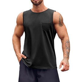Runcati Mens Sleeveless Workout Tank Tops Athletic Muscle Gym T Shirts with Pockets Black