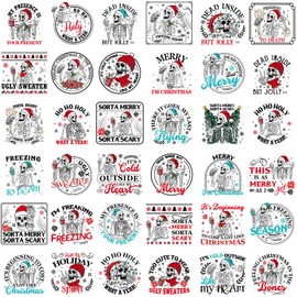 Gilprop 36 Sheets Christmas Skeleton Iron on Transfers, Christmas DTF Transfers Ready to Press Skeleton Heat Transfer Stickers Iron on Vinyl Decals for T Shirts Pillow Hat Clothing Bag Xmas Decoration
