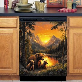 Lakeside Brown Bear Family Dishwasher Metal Magnet Cover Sheet, Forest Sunset Reflection Magnetic Sticker for Dishwasher Front Door, Refrigerator Decoration Vinyl Decal 23" x 26" Magnetic