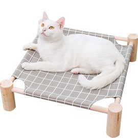 Pozico Cat/Dog Bed Hammock Cat Bed, Wooden Dog Elevated Indoor Outdoor Beds, Raised Cat Cots Furniture Pet Bed Puppy Bed Portable Breathable Mesh Cat Beds for Small Animals-Grey Grid