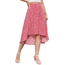 Women's Skirt Summer Long Floral Skirt A-line Elastic Waist Beach Skirt Elegant Ruffle Skirts, red, XL