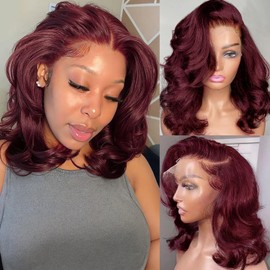 Afribye Burgundy Wig Human Hair 200% Density 13x6 99j Body Wave Lace Front Wigs Human Hair Pre Plucked Short Wigs for Black Women Glueless Frontal Wig Human Hair Loose Wavy 12 inch