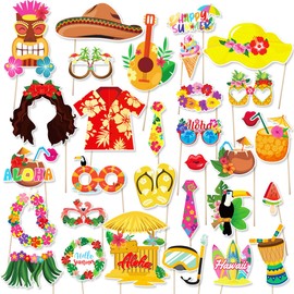 30Pcs Beach Party Photo Booth Props Kit Scary DIY Costumes Props with Wooden Sticks for Party Decorations